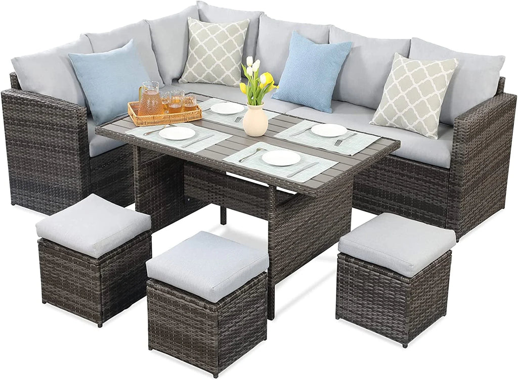 7 Piece Outdoor Dining Sectional Sofa with Dining Table and Chair U5122