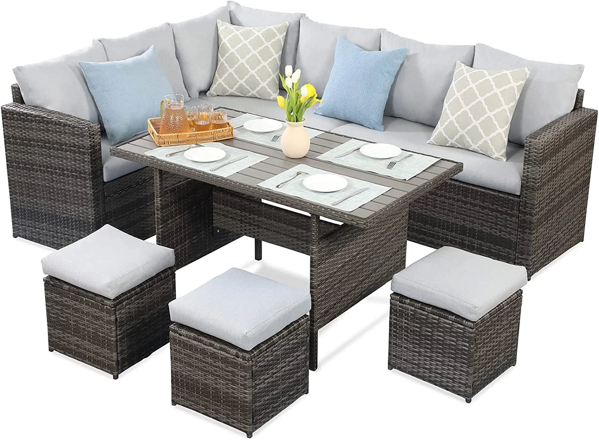 7 Piece Outdoor Dining Sectional Sofa with Dining Table and Chair U5122