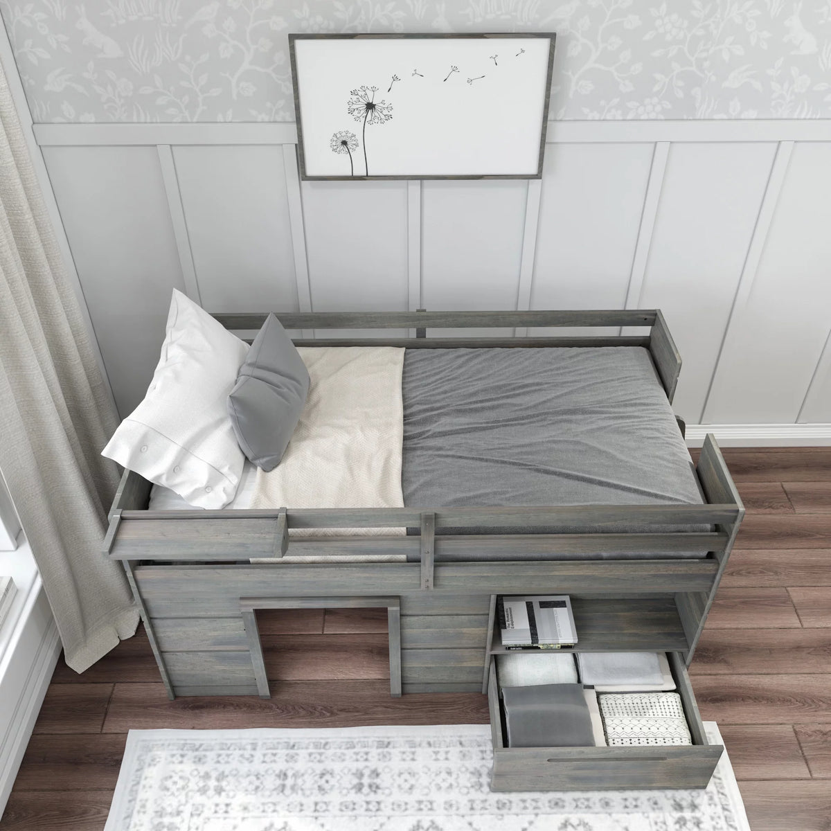 Twin Size Solid Wood Low Loft Bed with Storage Drawer and Ladder N6982
