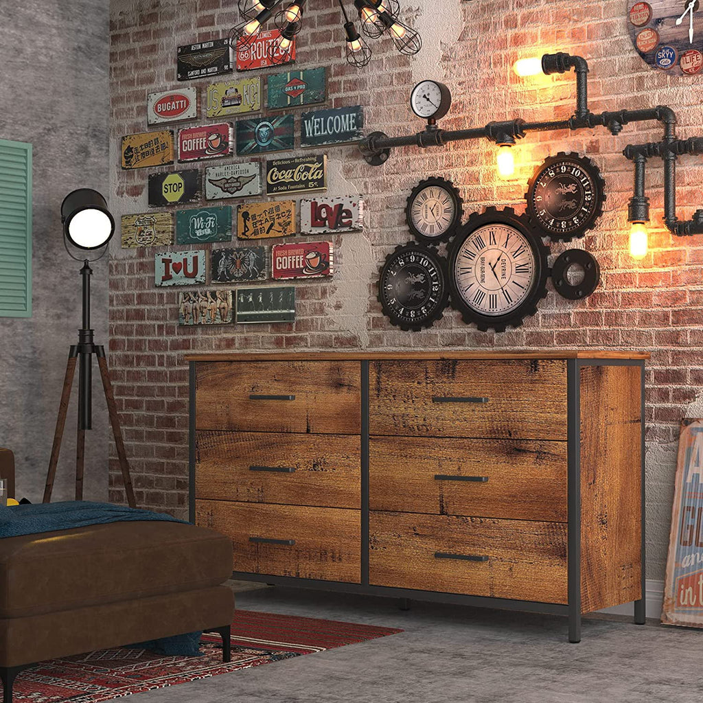 6 Drawer Double Dresser Industrial Wood Storage Dresser O3866