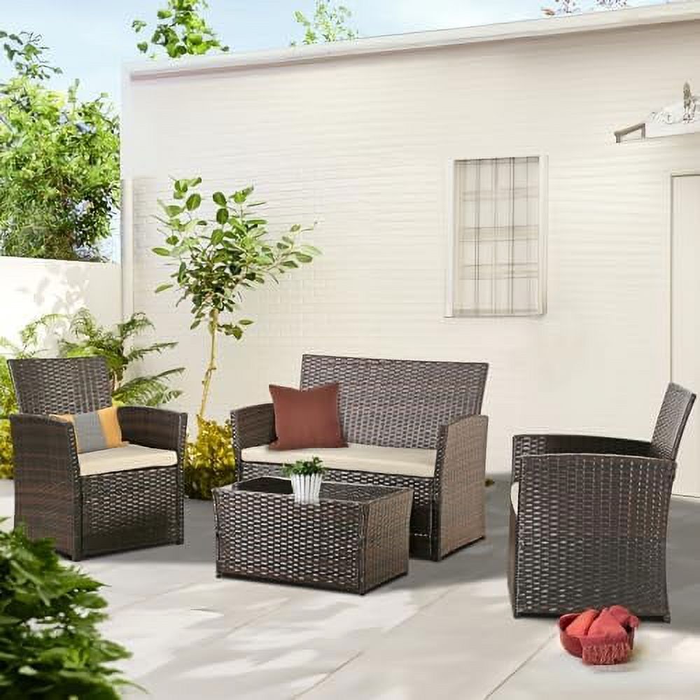 4 Pieces Gray Wicker Rattan Sectional Sofa Set with Table and Loveseat R7354