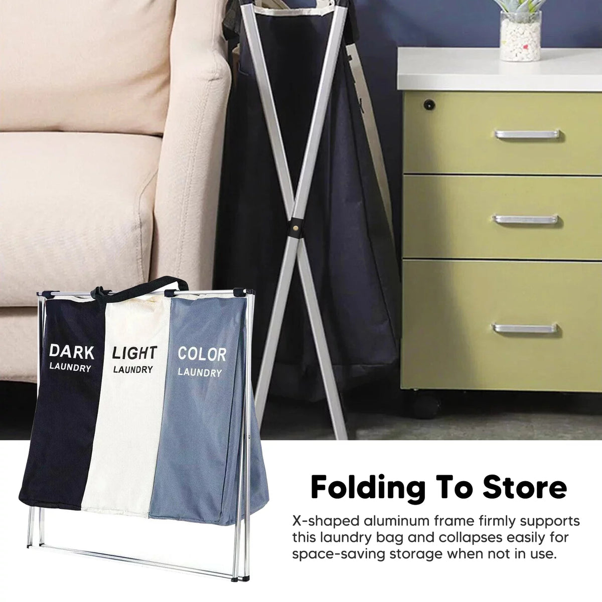 145L Large 3 Section Laundry Basket with Wheels and 3 Removable Bags V58461