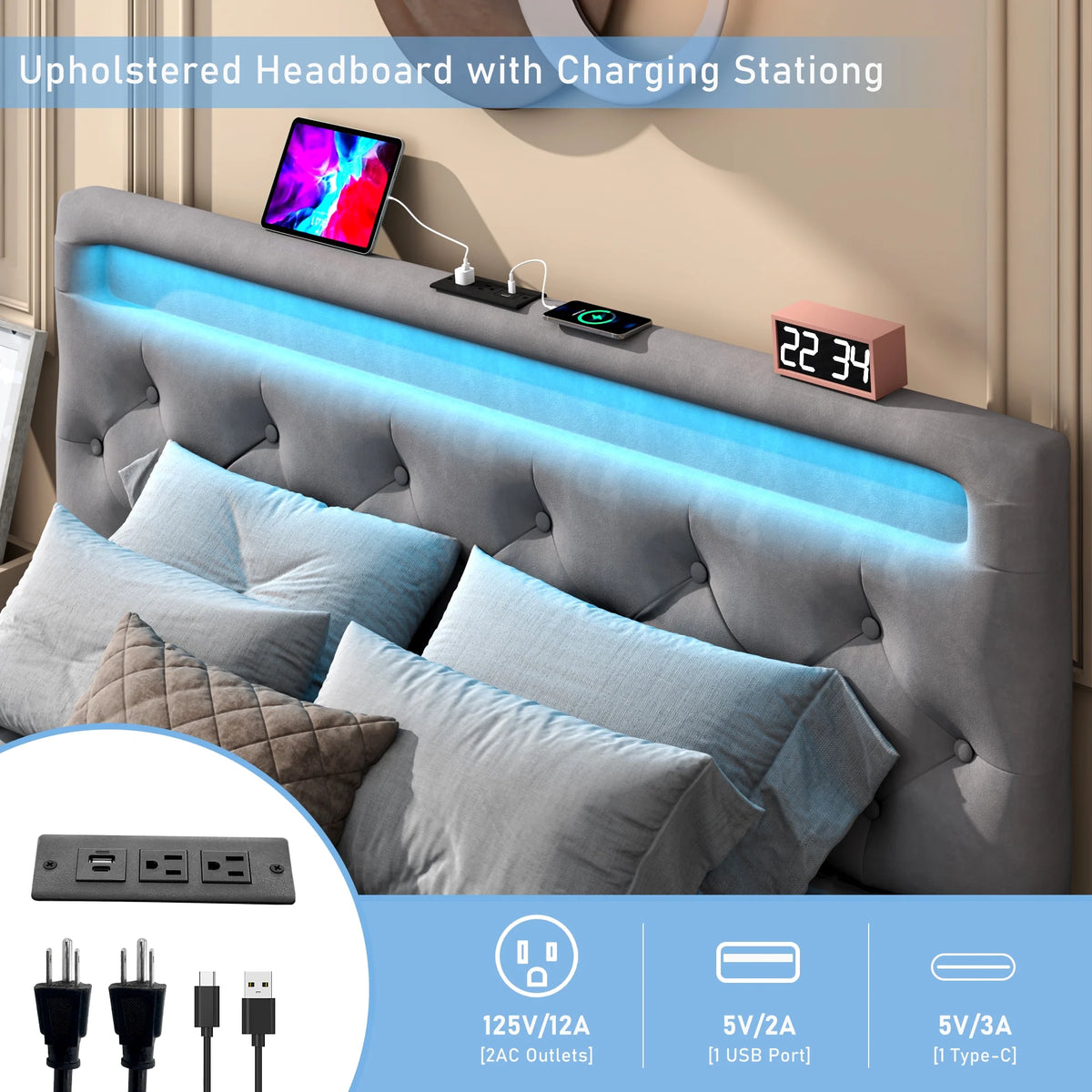 Queen Lift Up Velvet Storage Bed with Adjustable Headboard Q8652