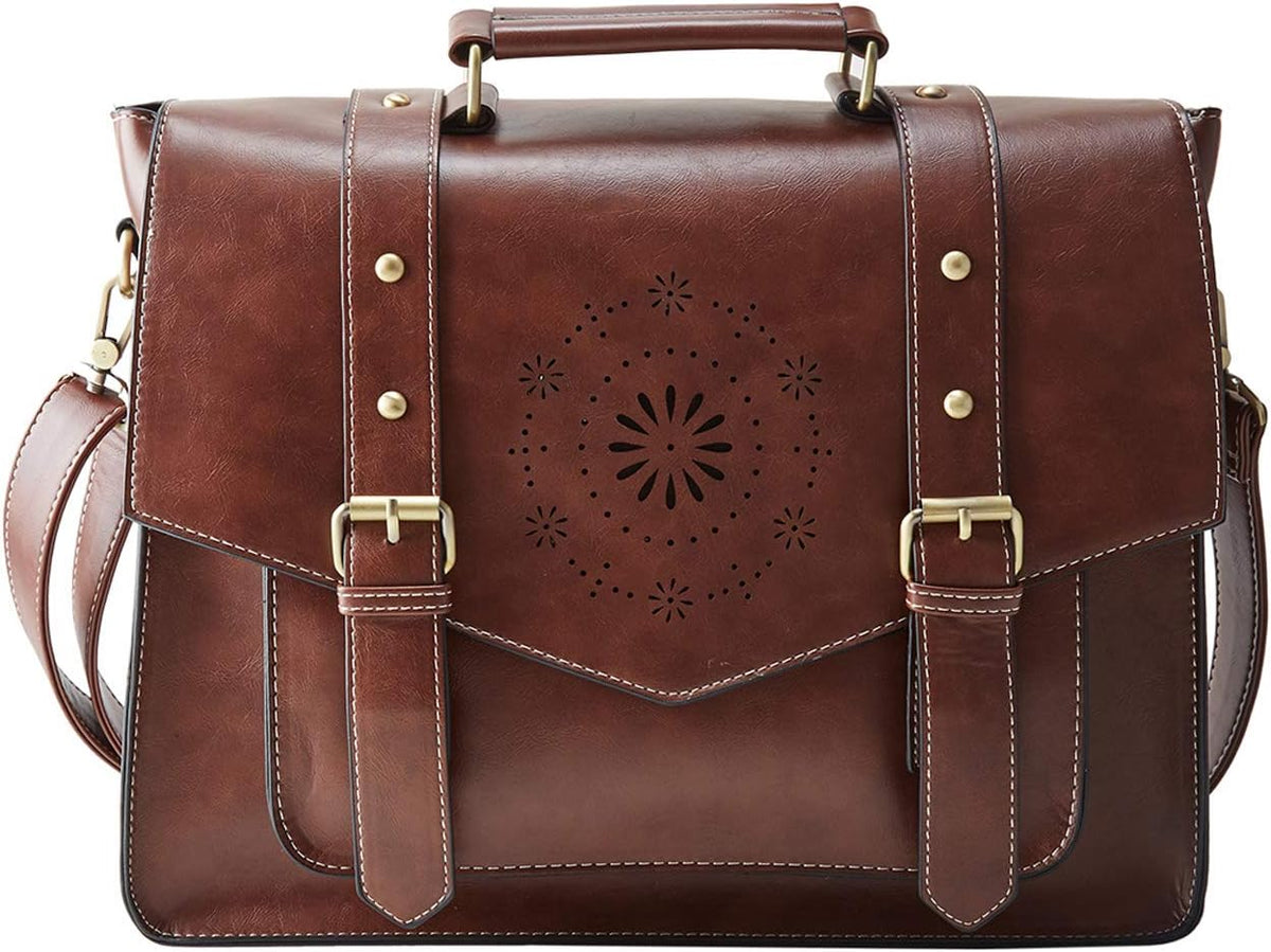 Tan PU Leather Laptop Messenger Bag W8410