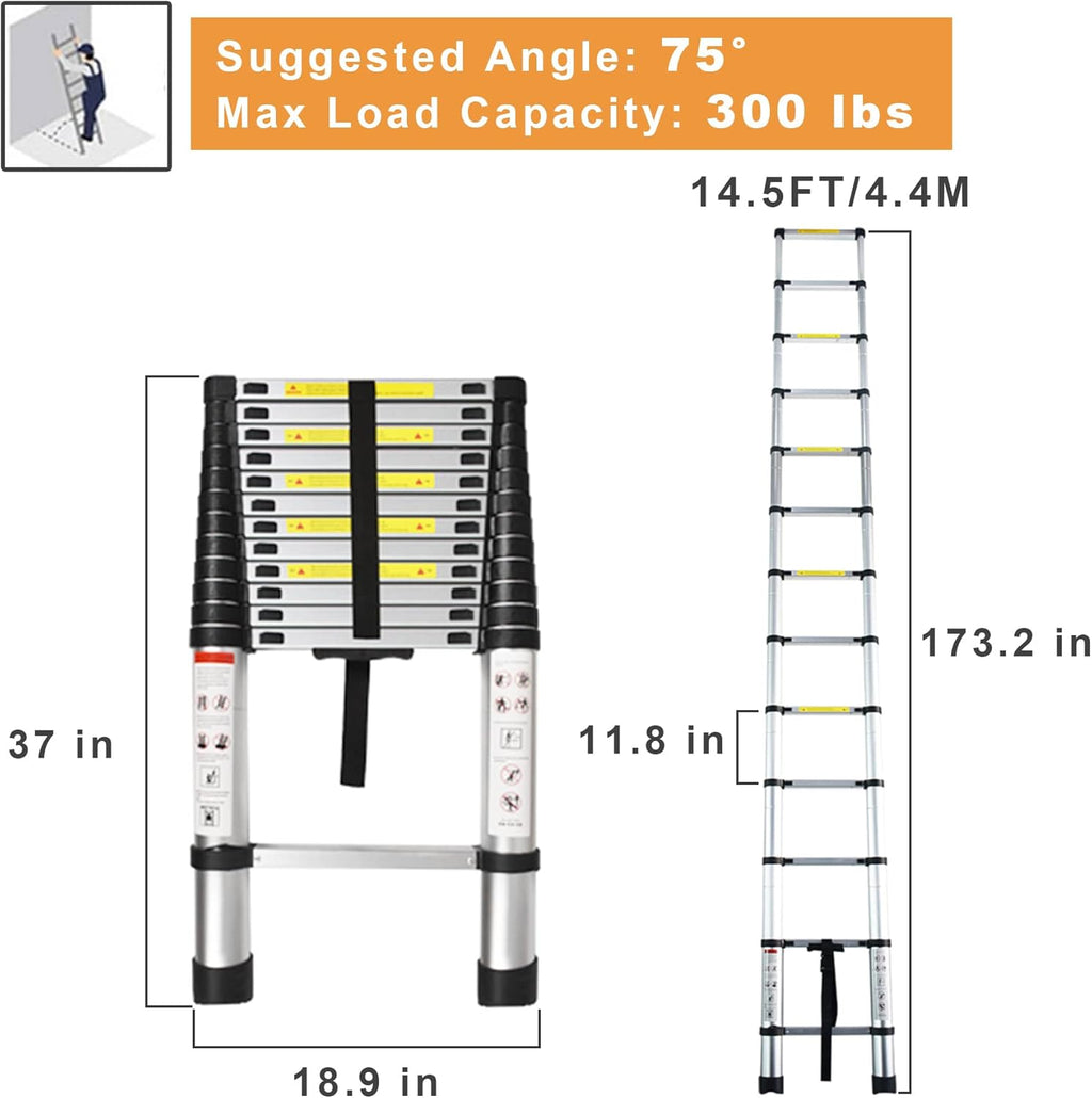 Telescoping Extension Ladder 14.5 FT, Folding Aluminum Ladder, 330 LB Capacity B289