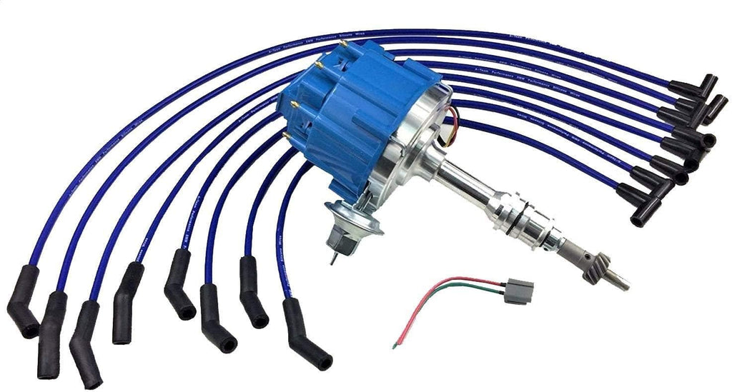 HEI Distributor 65K Volt Blue Cap, 8mm Silicone Spark Plug Wires Blue and Pigtail Wiring Harness Kit X39496