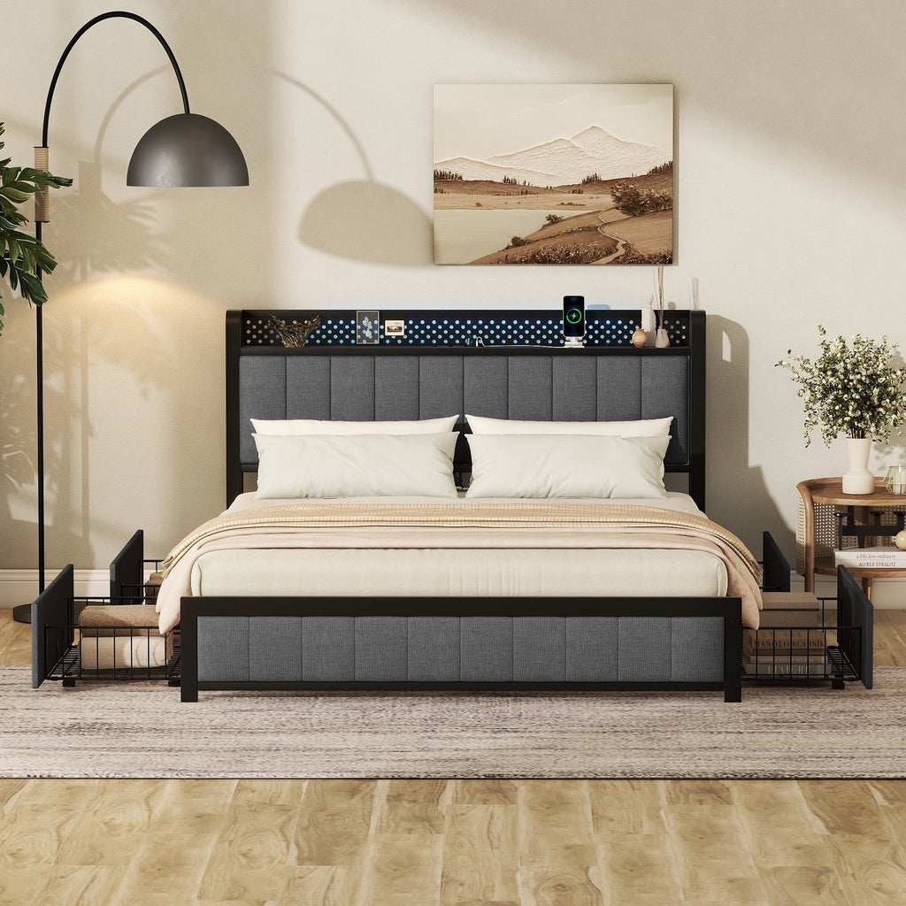 Dark Grey Queen Upholstered Bed Frame with 4 Storage Drawers A76007