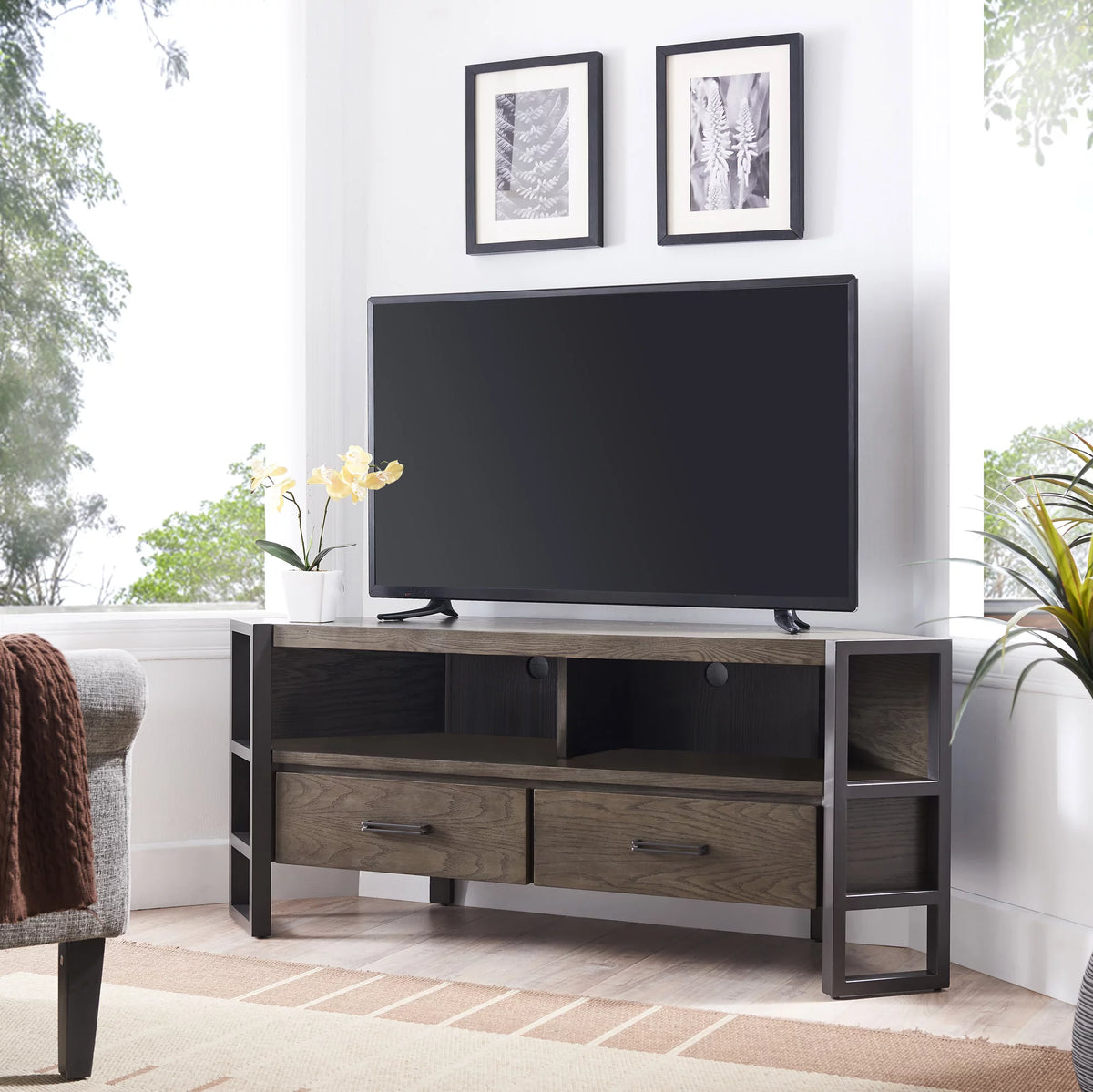 Mixed Metal and Wood Corner TV Stand L860