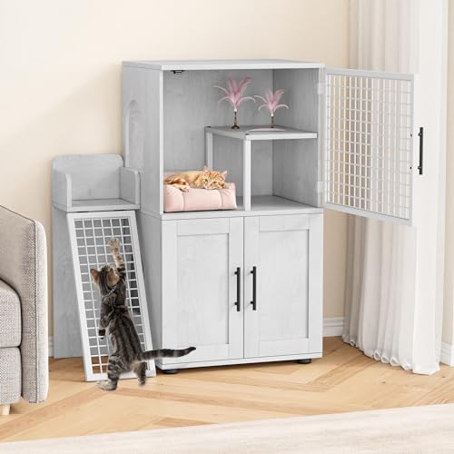 Cat Litter Box Enclosure with Platform, Double Layer, 33.5" L x 17.9" W x 41.9" H, Wax Wood V48811