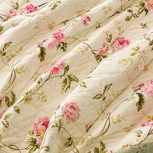 Pink Rose Floral Patchwork Cotton Queen Size Quilted Comforter Set 3-Piece I366743