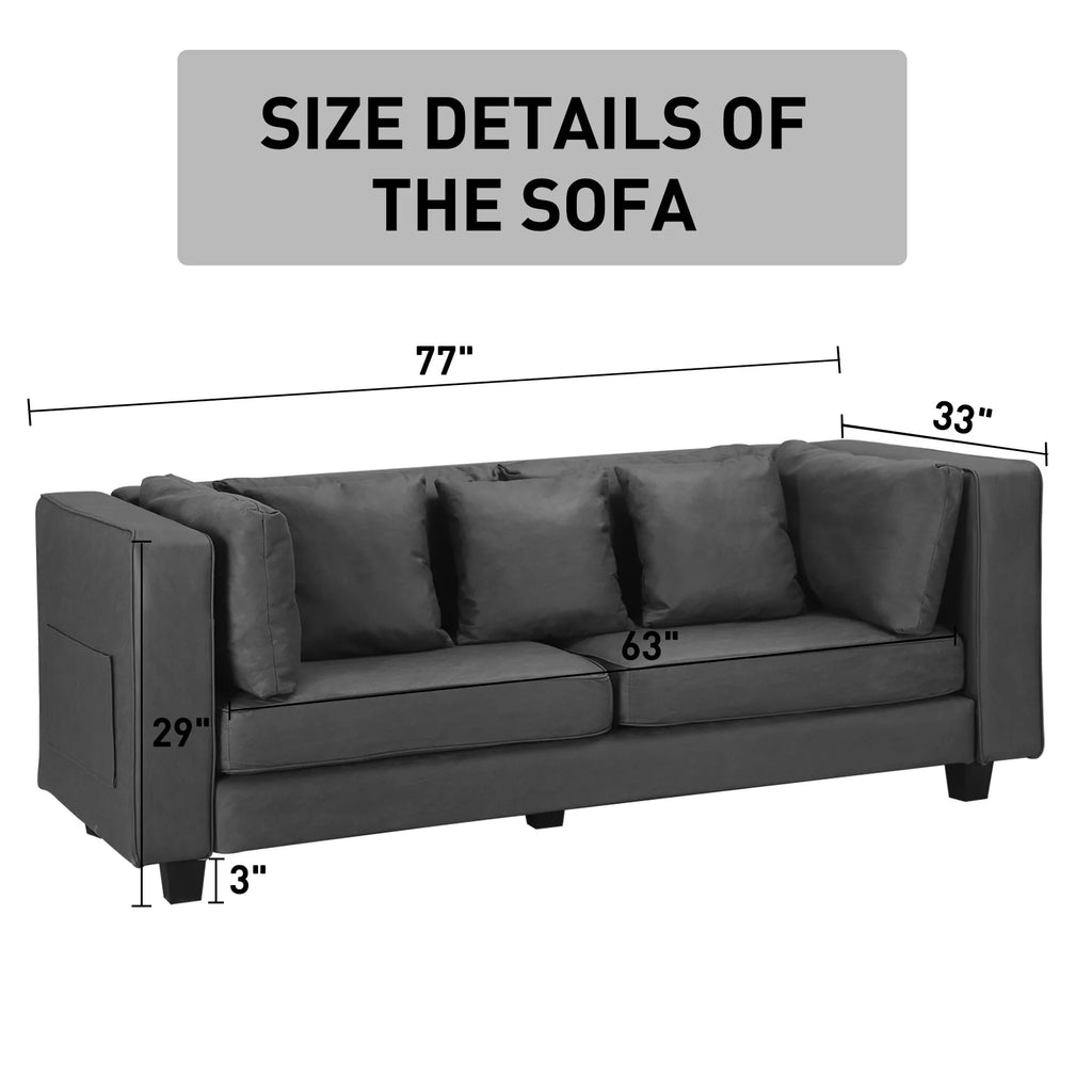 Grey Faux Leather Sofa with 5 Pillows W9342