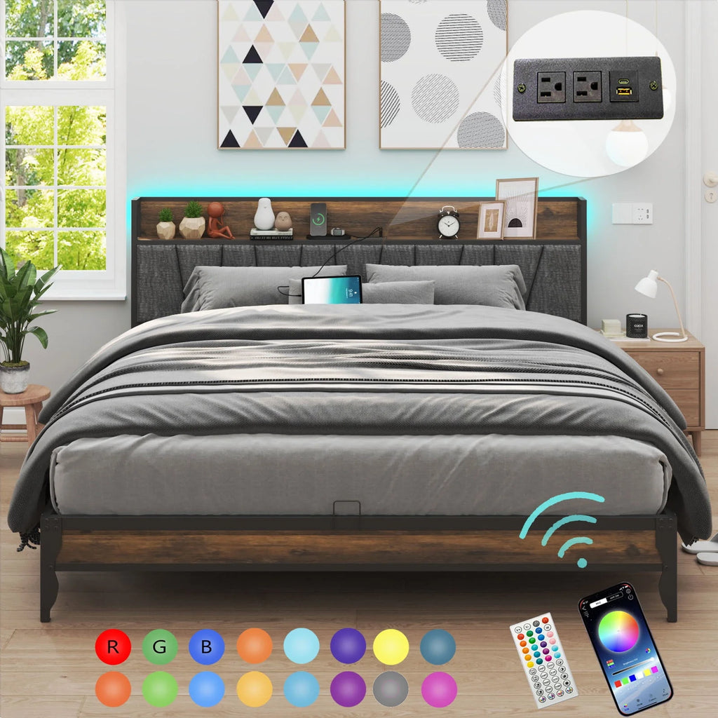 Full LED Bed Frame with Storage Headboard 4 Drawers K66433