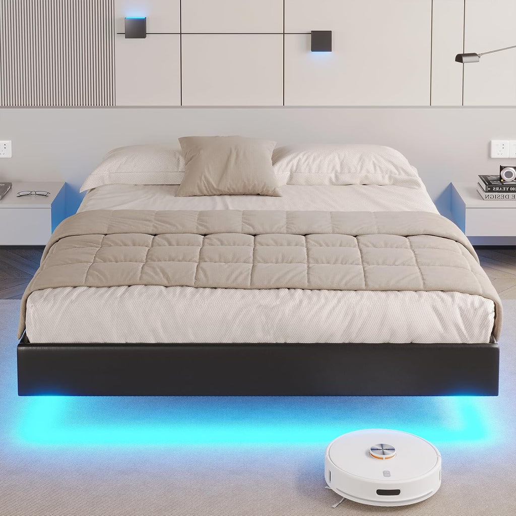 Queen Size Black Faux Leather Upholstered Platform Bed Frame with LED Lights Y6295