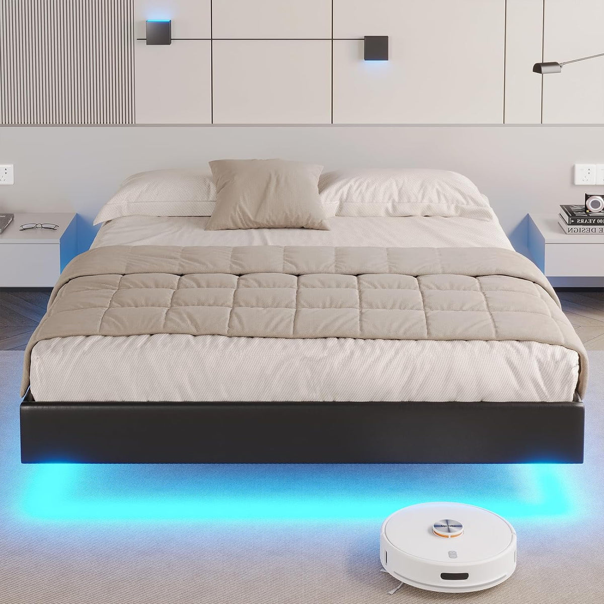 Queen Size Black Faux Leather Upholstered Platform Bed Frame with LED Lights Y6295
