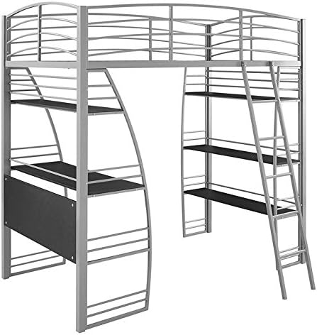 Gray Metal Frame Twin Loft Bed with Desk and Bookcase Y8855