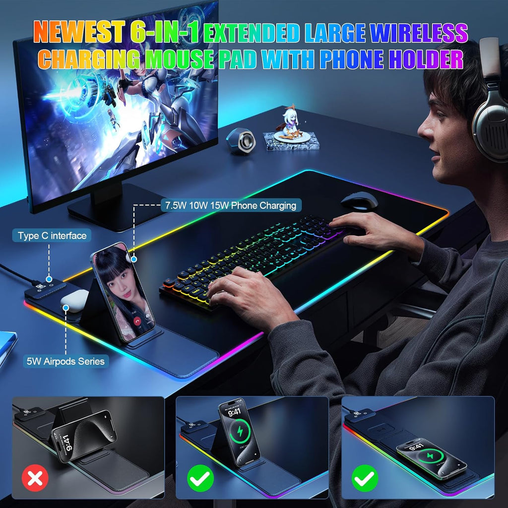 Classic Black Wireless Charging Mouse Pad with Phone Holder K288