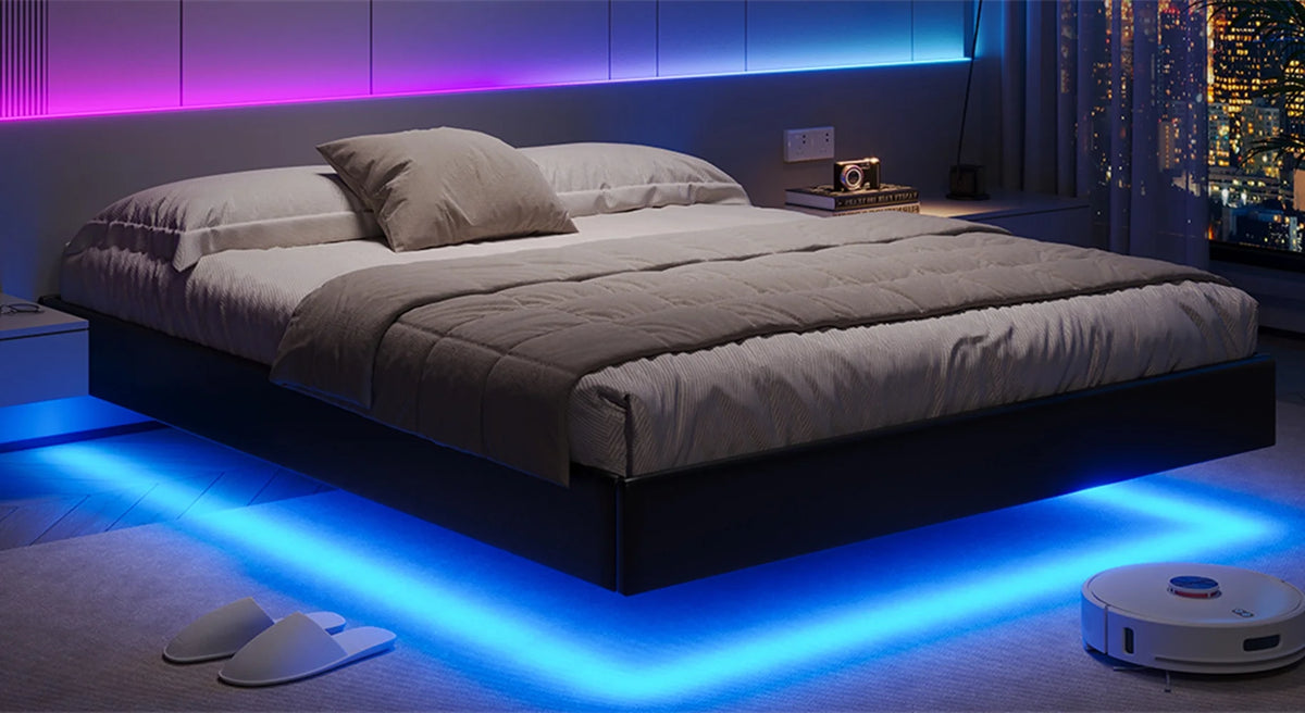 Queen Size Black Faux Leather Upholstered Platform Bed Frame with LED Lights Y6295