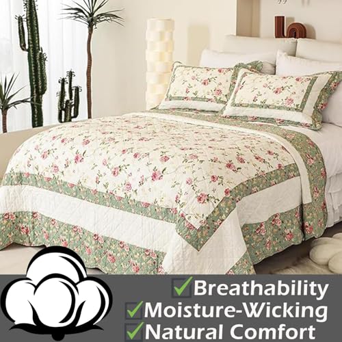Pink Rose Floral Patchwork Cotton Queen Size Quilted Comforter Set 3-Piece I366743