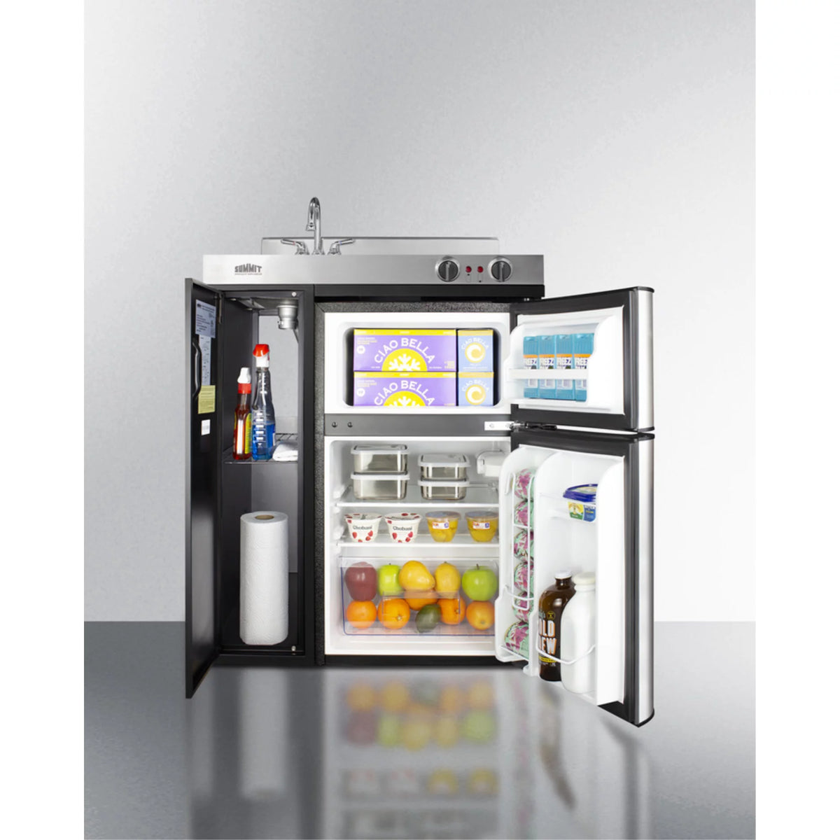 30" wide all-in-one kitchenette with 2-burner 115V coil cooktop, refrigerator-freezer, sink, and storage cabinet W78284