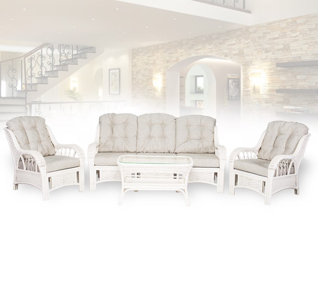 Rattan Wicker Living Room Set 4 Pieces: 2 Lounge Chair ThreeSeater/Sofa Coffee Table White Color with Cushion A20505