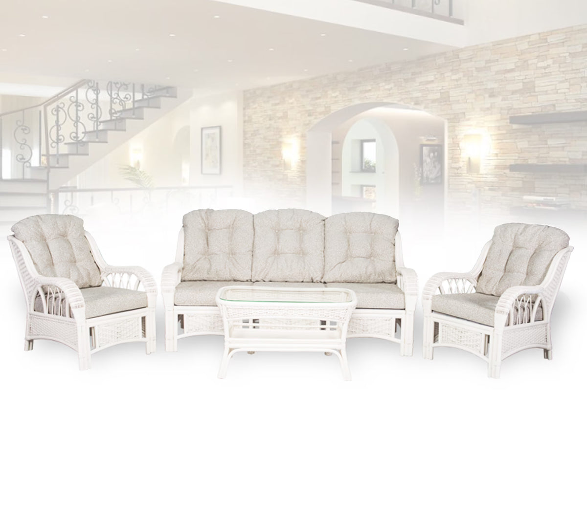 Rattan Wicker Living Room Set 4 Pieces: 2 Lounge Chair ThreeSeater/Sofa Coffee Table White Color with Cushion A20505