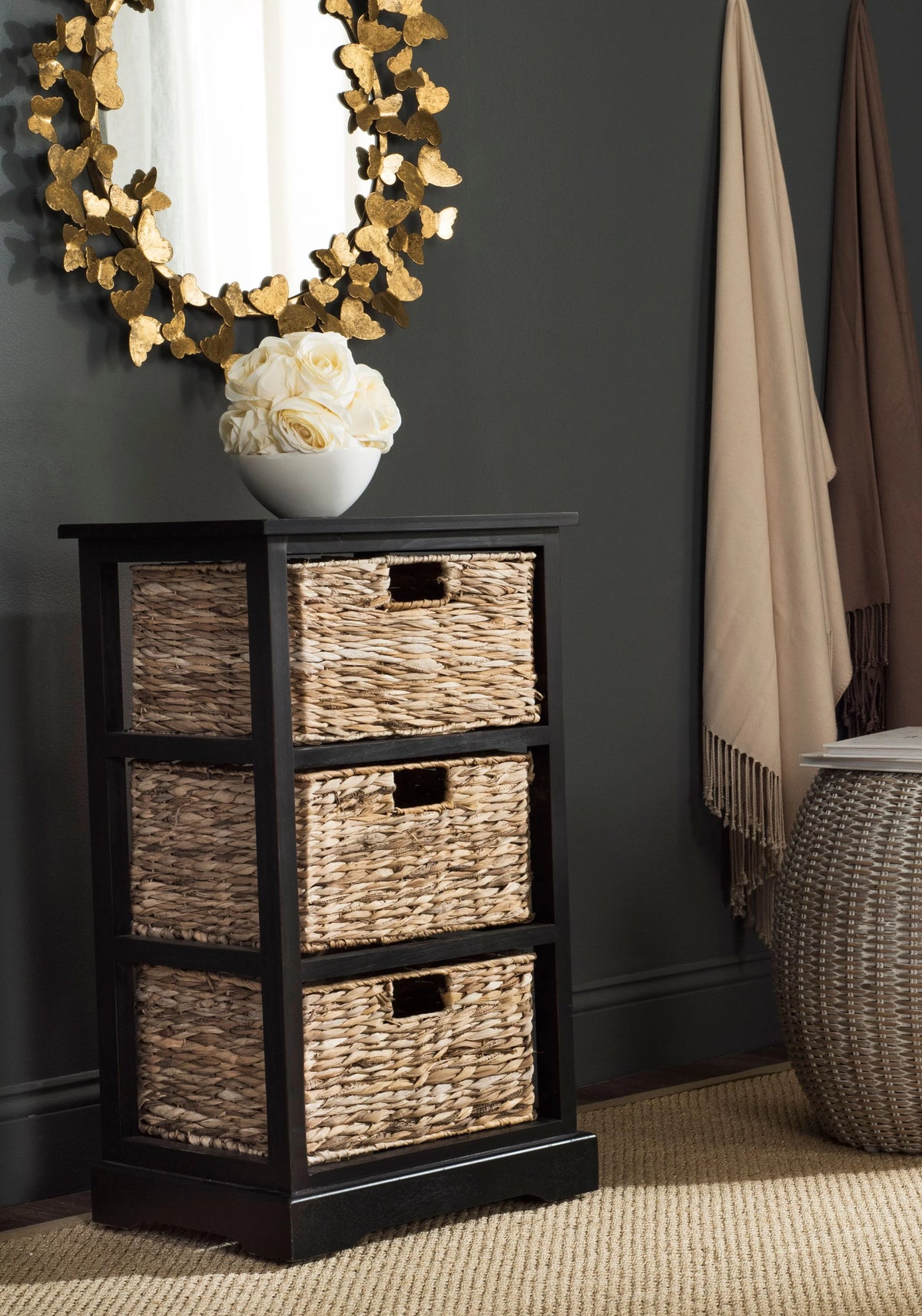 Distressed Black Wicker Basket Storage Side Table I15611