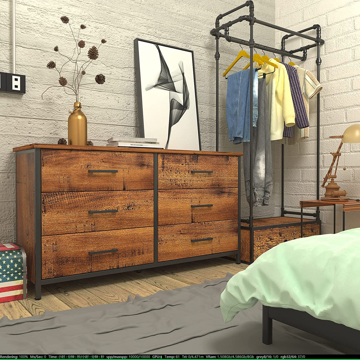 6 Drawer Double Dresser Industrial Wood Storage Dresser O3866