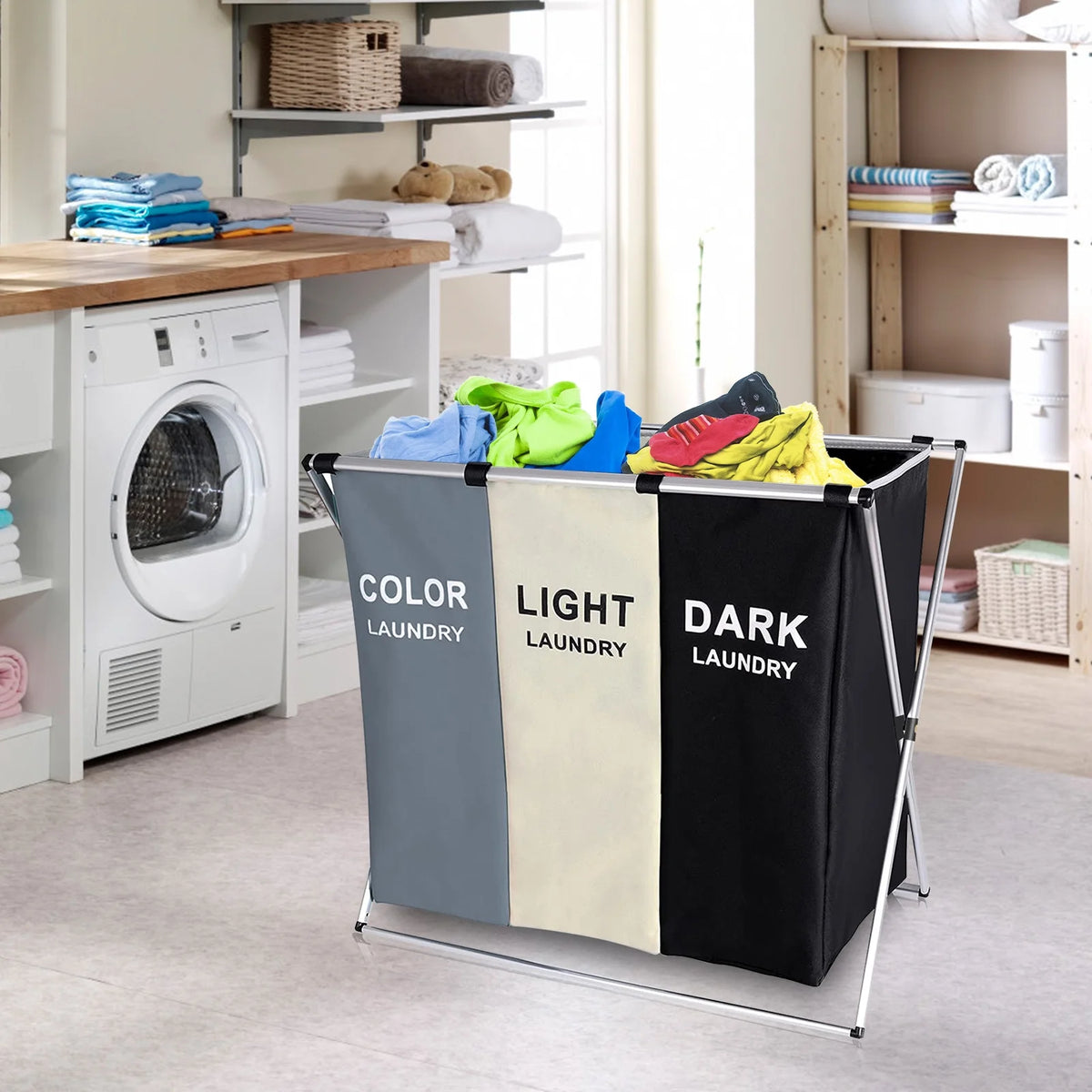 145L Large 3 Section Laundry Basket with Wheels and 3 Removable Bags V58461