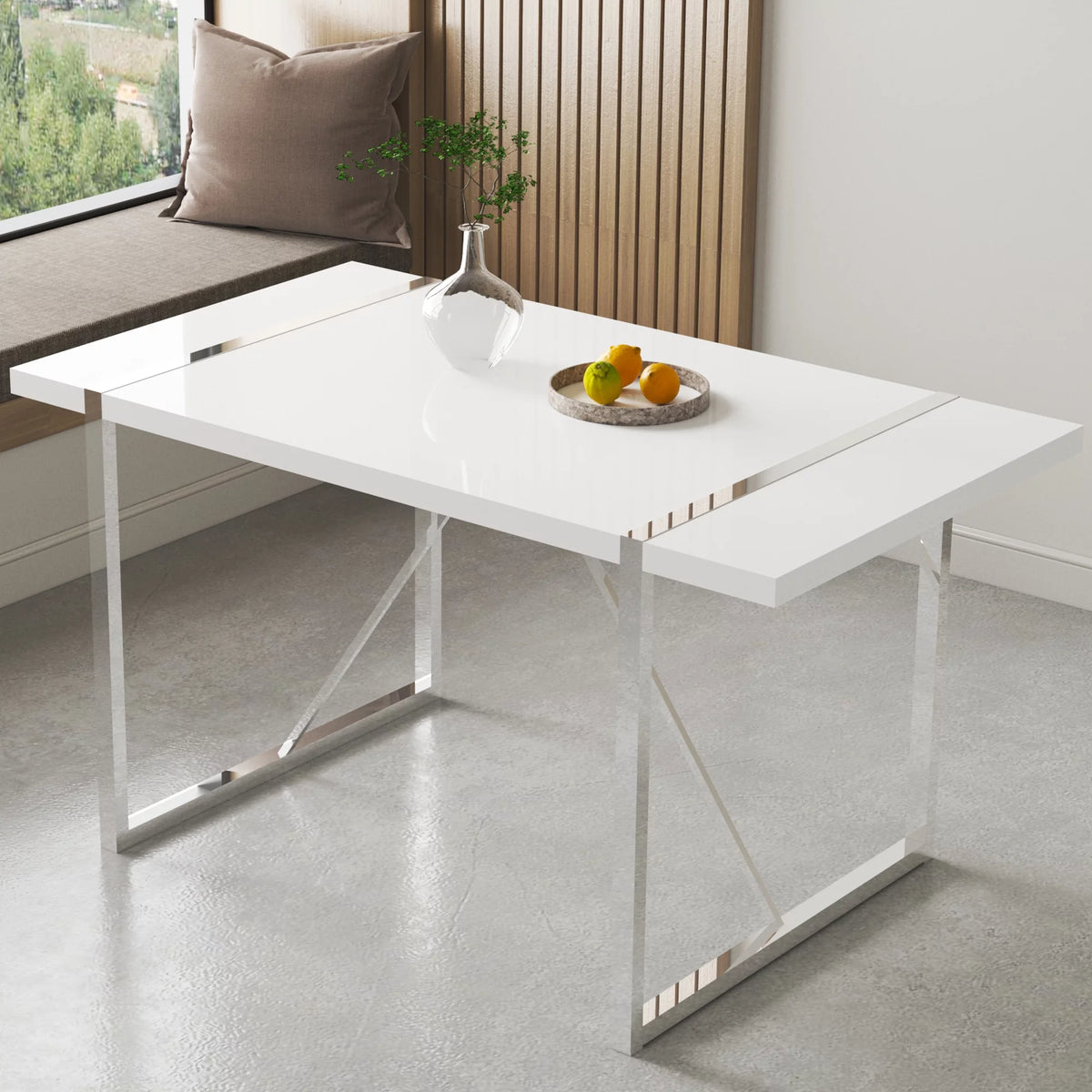 White Dining Table with Silver Metal Legs A476