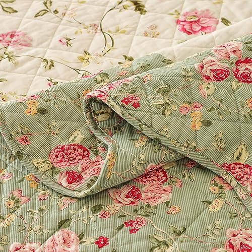 Pink Rose Floral Patchwork Cotton Queen Size Quilted Comforter Set 3-Piece I366743