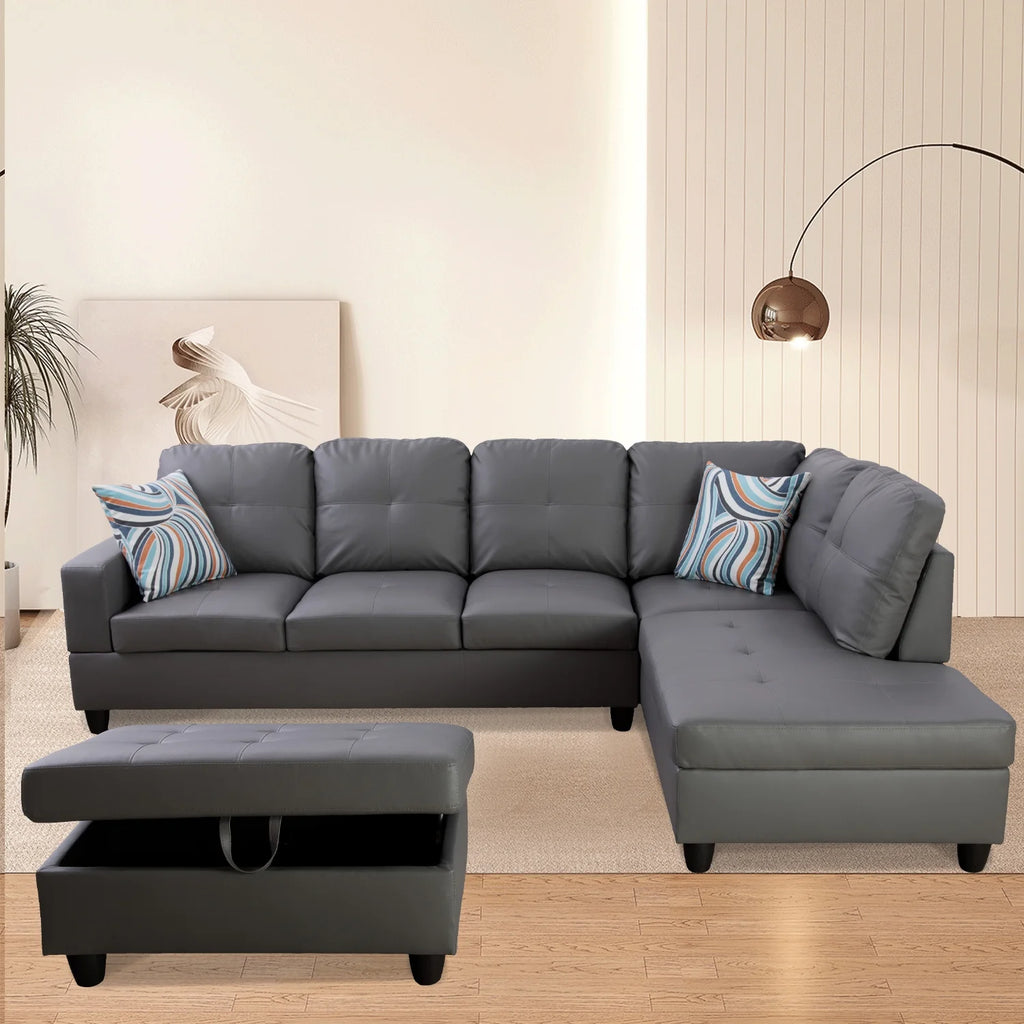 L-Shaped 3-Piece Sectional Sofa Couch, Dark Grey F428061