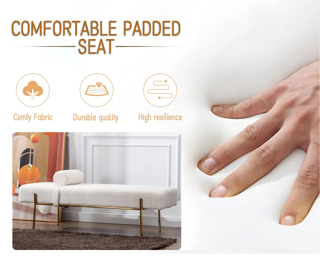 White Faux Fur Upholstered Bench with Gold Legs V62276