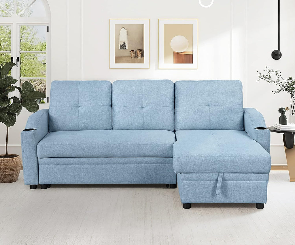 Blue Linen Fabric L-Shape Convertible Sleeper Sofa with Pull-Out Bed T837544