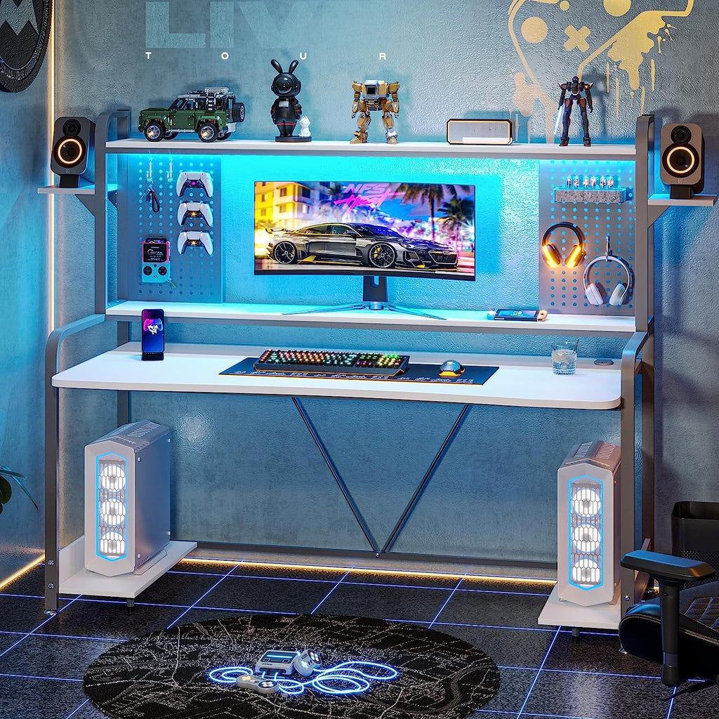 55" White Computer Desk with Hutch and Shelves O911