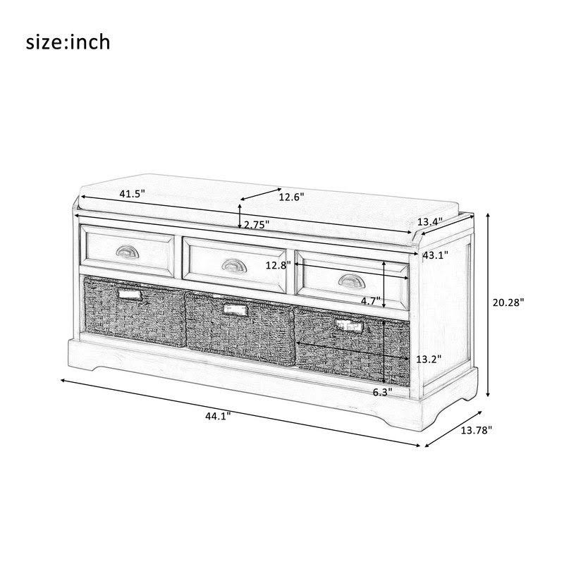 White Wood Storage Bench with 3 Drawers and 3 Baskets E56906