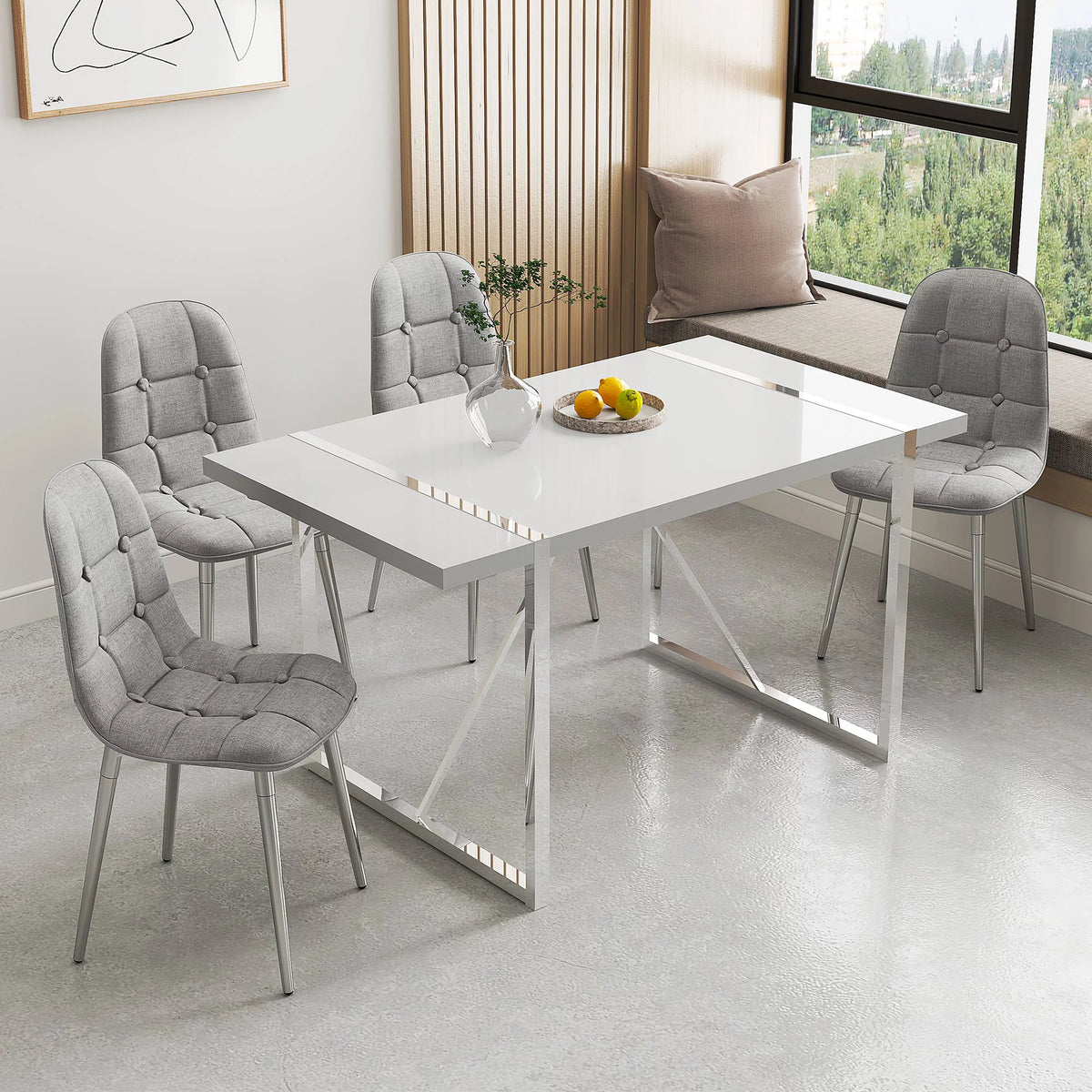 White Dining Table with Silver Metal Legs A476