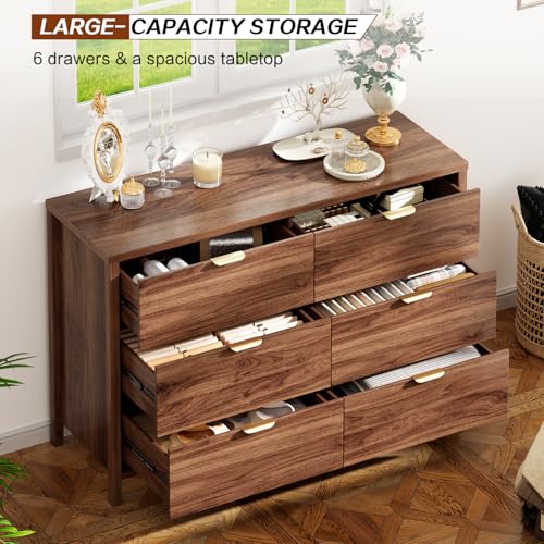 Natural Walnut 6 Drawer Wood Dresser J41906