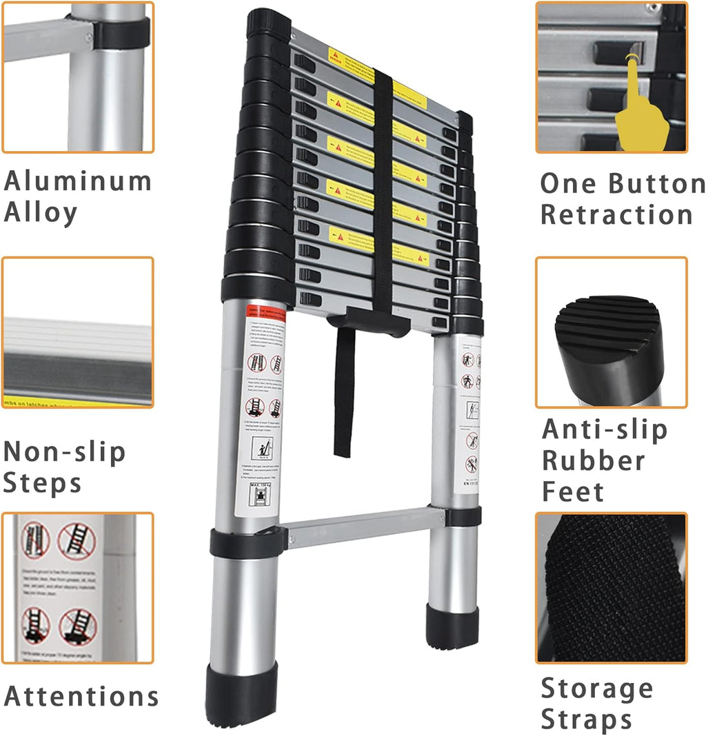 Telescoping Extension Ladder 14.5 FT, Folding Aluminum Ladder, 330 LB Capacity B289