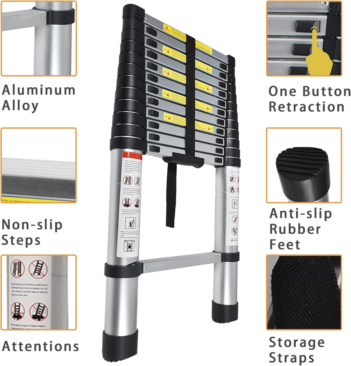 Telescoping Extension Ladder 14.5 FT, Folding Aluminum Ladder, 330 LB Capacity B289