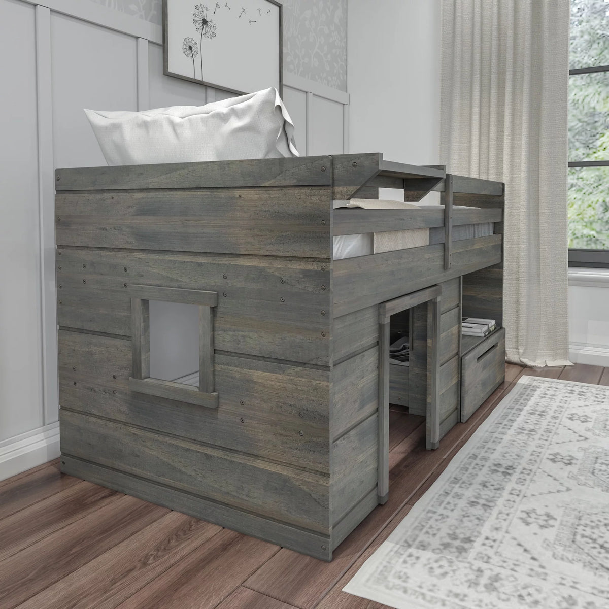 Twin Size Solid Wood Low Loft Bed with Storage Drawer and Ladder N6982