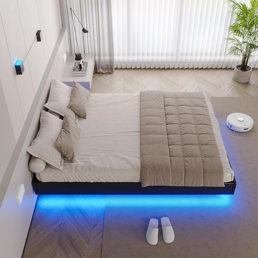 Queen Size Black Faux Leather Upholstered Platform Bed Frame with LED Lights Y6295