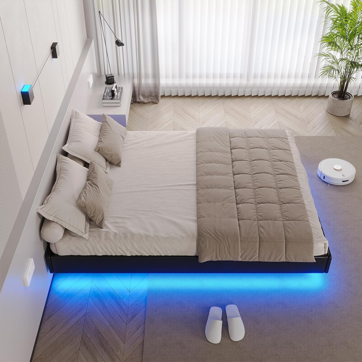 Queen Size Black Faux Leather Upholstered Platform Bed Frame with LED Lights Y6295