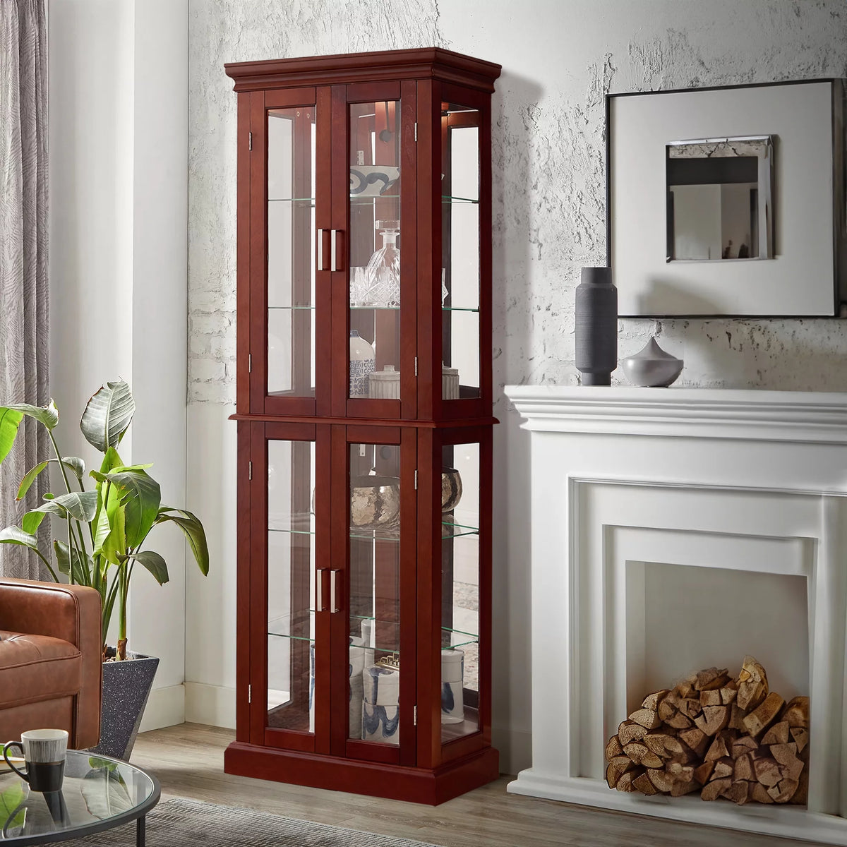 6-Tier Lighted Curio Display Cabinet with Adjustable Shelves and Tempered Glass Doors U7730