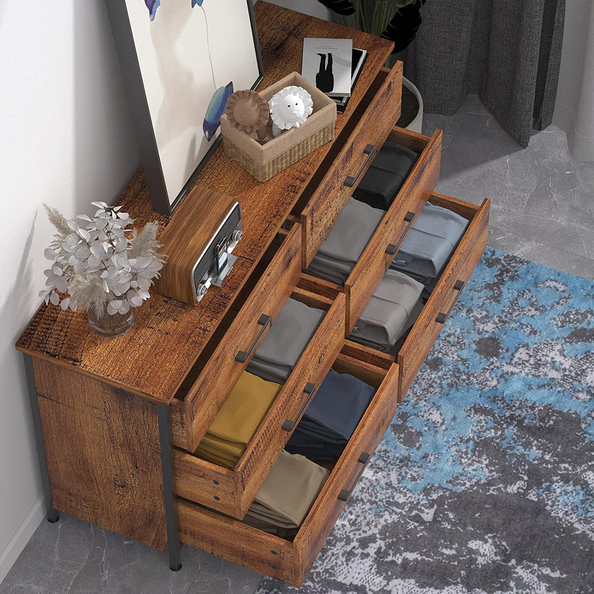 6 Drawer Double Dresser Industrial Wood Storage Dresser O3866