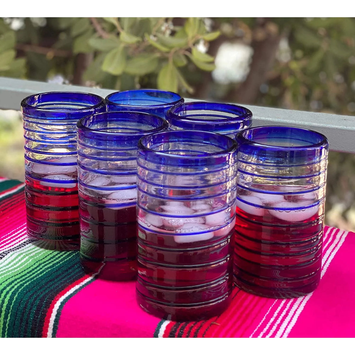 Hand Blown Drinking Glasses Set of 6 Blue Spiral 14 oz W5883