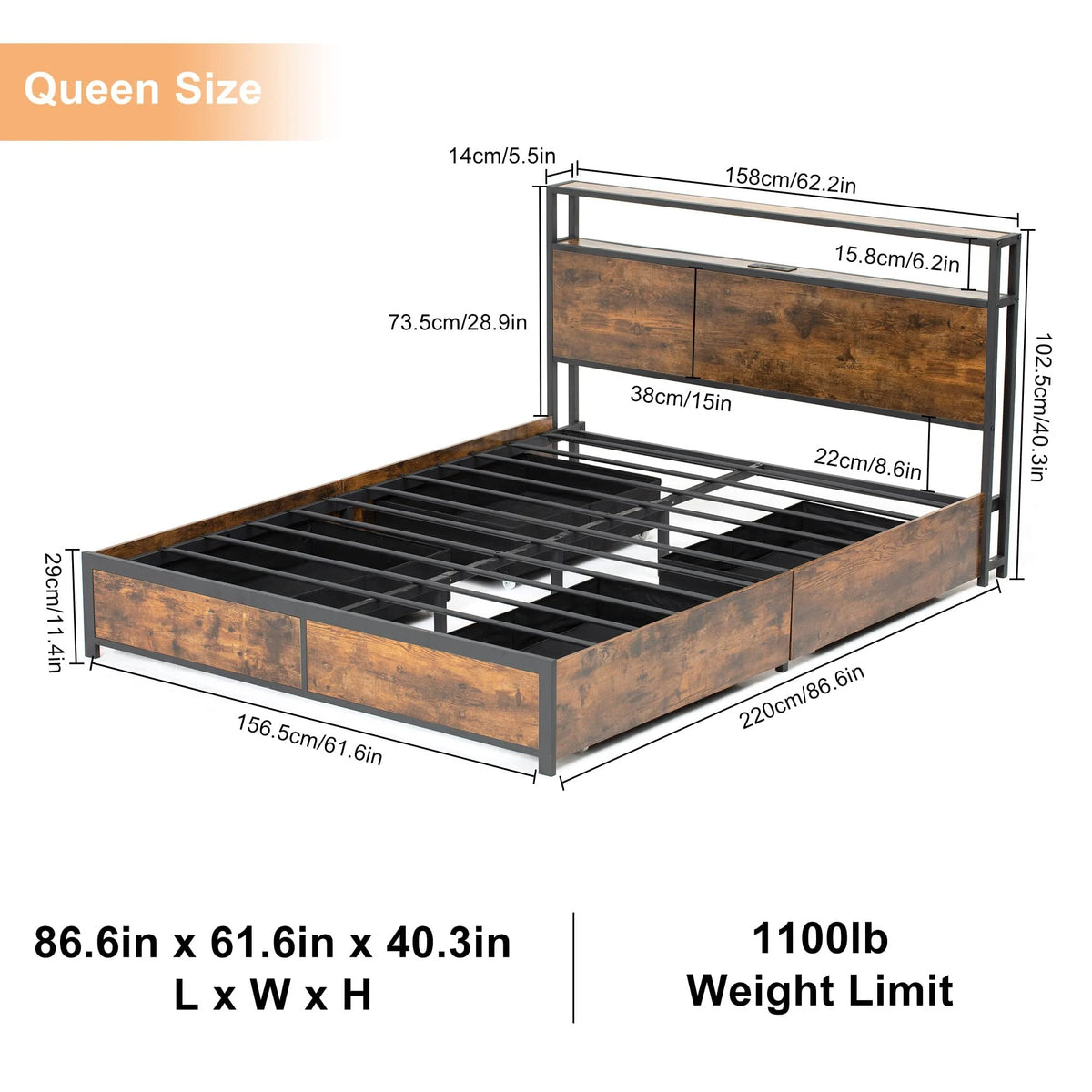 Full LED Bed Frame with Storage Headboard 4 Drawers K66433