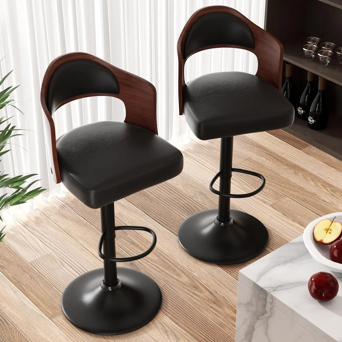 Wooden PU Leather Bar Chairs Set of 2 with Back & Footrest C814