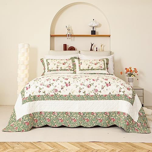 Pink Rose Floral Patchwork Cotton Queen Size Quilted Comforter Set 3-Piece I366743