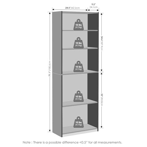 White 5-Tier Bookcase with Adjustable Shelves X350