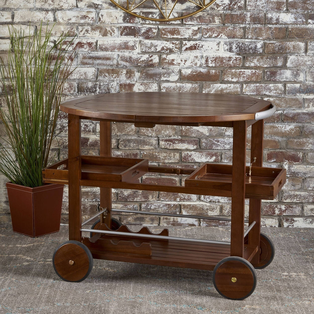 Farmhouse Cottage Acacia Wood Bar Cart with Drop Leaf G661